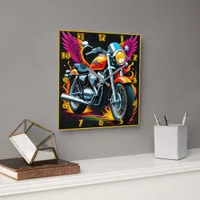 Fiery motorcycle with vibrant wings in sunset glow square wall clock