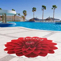 Bright Red Dahlia Flower Bloom Personalized Round Beach Towel