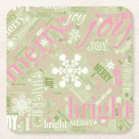 Christmas Text and Snowflake Pattern Pink ID257 Square Paper Coaster