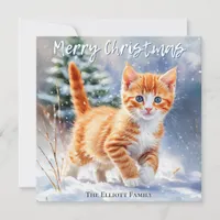 Pretty Watercolor Ginger Kitten Snow Christmas Holiday Card