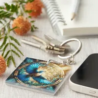 Serene Blue Bird Perched on Stained Glass Keychain