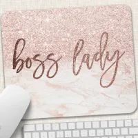 Boss Lady Rose Gold Marble Blush Pink Faux Glitter Mouse Pad