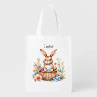 Personalized Easter Bunny Sitting in Basket Grocery Bag