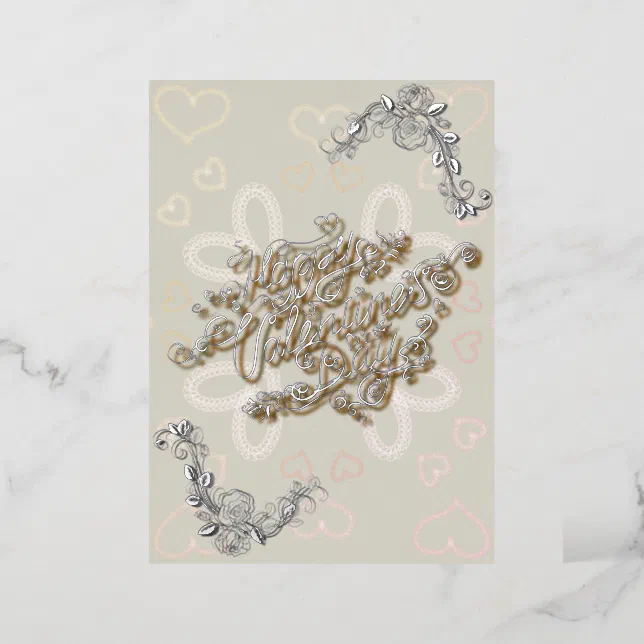 Happy Valentine’s Day silver lettering with roses Foil Holiday Card