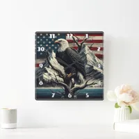 Majestic Eagle Displaying Strength Near Mountains Square Wall Clock