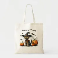 Trick or Treat Halloween Dog in a Witch's Hat Tote Bag