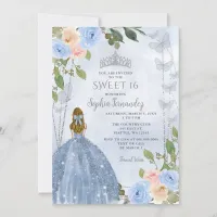 Dusty Blue Silver Floral Princess Sweet 16 Invitation