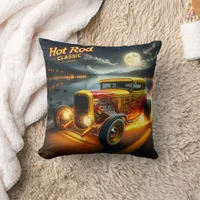 Hot rod racing by the moonlit lake throw pillow