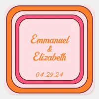 Cool Retro 70s Pink & Orange Wedding Square Sticker