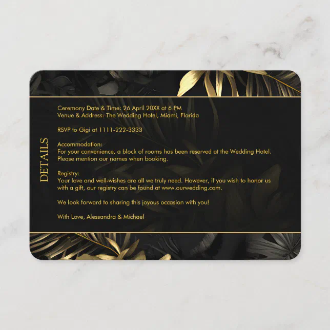 Modern Black Gold Tropical Leaves Wedding Enclosure Card