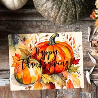 Watercolor Pumpkins and Autumn Leaves Thanksgiving Holiday Postcard