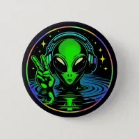 Alien in Headphones giving Peace Sign  Button