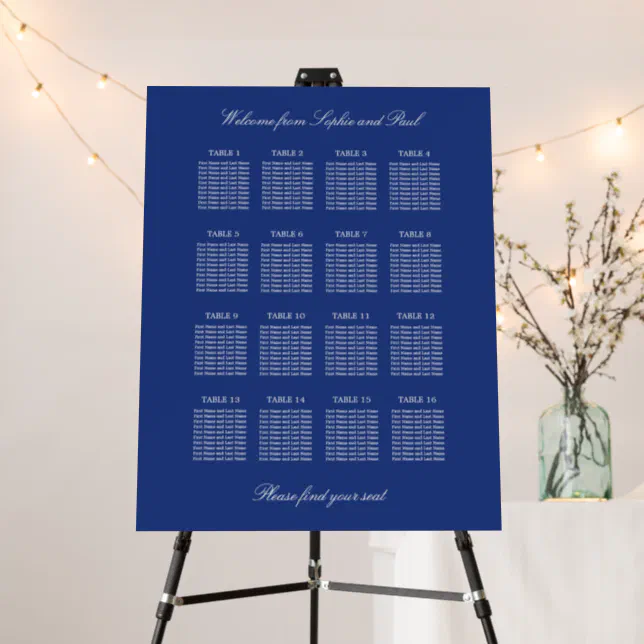 Dark Blue 16 Table Wedding Seating Chart Foam Board