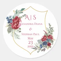 Vintage Floral Magenta Crest Monogram Wedding Classic Round Sticker