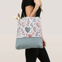 Teal, Red, Pink Hearts and Flowers, Color Block Tote Bag