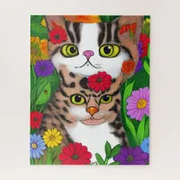 Whimsical Cat and Kitten Folk Art Colorful  Jigsaw Puzzle