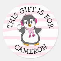 This Gift is For Name Tag Pink Penguin Christmas