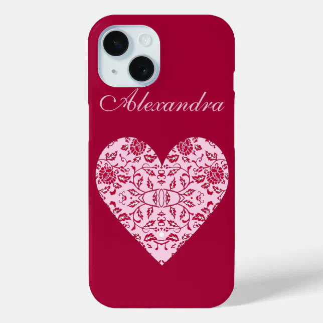 Elegant Flowery Pink and Red Damask Heart iPhone 15 Case