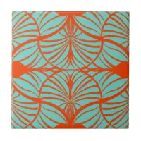 Elegant Art Deco Red & Turquoise Gouache Scallops Ceramic Tile