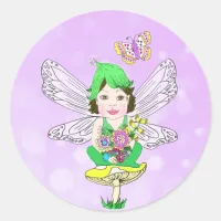 Whimsical Little Elf Fairy, Mushroom and Butterfly Classic Round Sticker