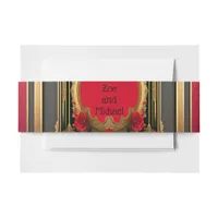 Golden frame with red roses, gothic wedding invitation belly band