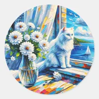 White Cat in Window sill Looking out at the Ocean Classic Round Sticker
