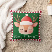 Cute Reindeer Christmas Red & Green Stripe Throw Pillow