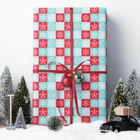 Red Blue Checkered Snowflake Christmas  Wrapping Paper