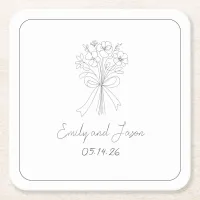 Hand Drawn Style Simple Thin Line Flowers and Bow  Square Paper Coaster
