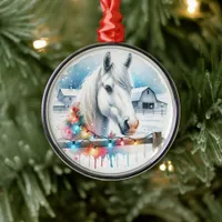 Beautiful White Horse on Farm Christmas Metal Ornament