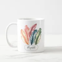 Colorful Watercolor Feathers Black Script Name Coffee Mug