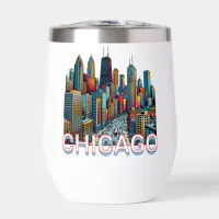 Pop art Comic Book Chicago, Illinois Skyline  Thermal Wine Tumbler