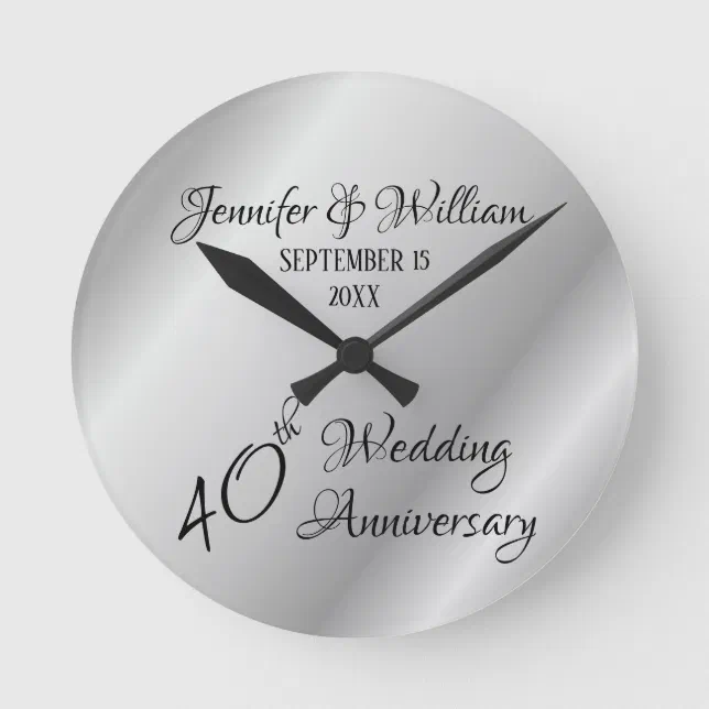 Elegant Silver Custom 40th Wedding Anniversary Round Clock