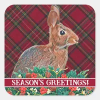 Rabbit with Holly Berries and Plaid Square Sticker