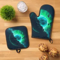 Emerald Lunar Core Cracking Open DALL-E AI Art Oven Mitt & Pot Holder Set