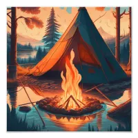 Tent and Campfire Vintage Colors Art Photo Print