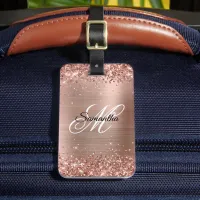 Glittery Rose Gold Foil Fancy Monogram Luggage Tag