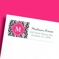 Black and Hot Pink Trendy Damask Custom Monogram Label