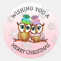 Cute Owl Couple Merry Christmas Classic Round Sticker
