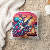 Octopus Playing Guitar By Campfire At Sunset Throw Pillow