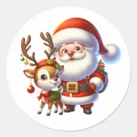 Santa and Reindeer Cute Cartoon Christmas Classic Round Sticker