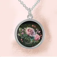 Pink Roses on black  Sterling Silver Necklace