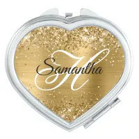 Glittery Gold Foil Fancy Monogram Heart Compact Mirror