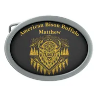 Gold Bison Head With Mountains and Trees Belt Buckle