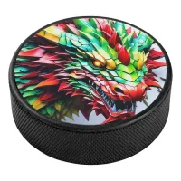 Fire breathing dragon Green And Red Hockey Puck