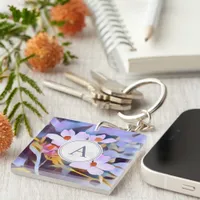 Purple and Blue Floral with Initial Keychain