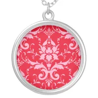 Damask Victorian Vintage Pink & Red Silver Plated Necklace