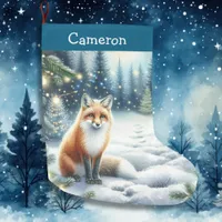 Fox on a Winter Night in the Magical Forest Large Christmas Stocking