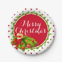 Polka Dot & Ornaments Merry Christmas Paper Plates