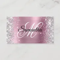 Silver Glitter Pink Foil Fancy Monogram Business Card